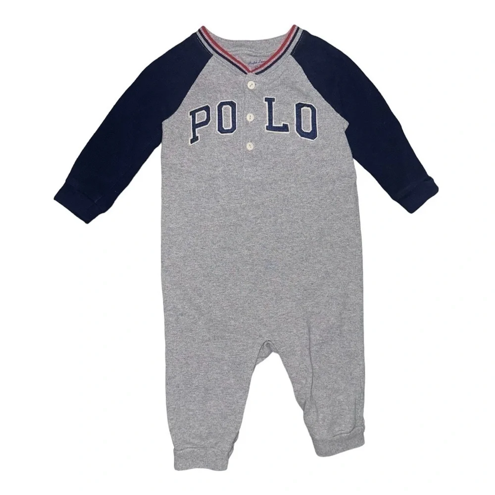 Ralph Lauren Polo Logo Embroidered Bear Baseball Long Sleeve Cotton Onesie Sz 9M